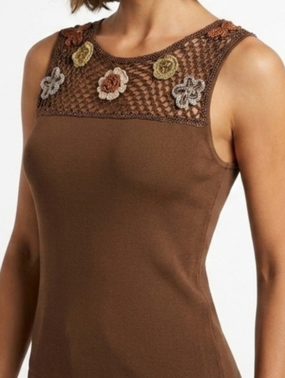 J.A.C. Brown Knit Tank Top Medium Crochet Floral Lace Mesh Y2K Boho Fitted Top